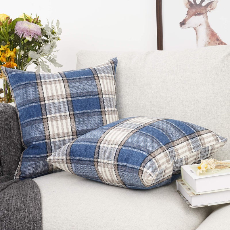 YOUR SMILE Set of 2 Retro Farmhouse Outdoor/Indoor Buffalo Tartan Chequer Stripe Plaid Cotton Linen Decorative Throw Pillow Case Cushion Cover Pillowcase for Sofa Chair,Navy Blue, 22x22 inch - Image 3
